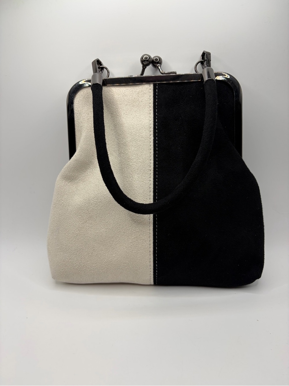 Black & Cream Two-Tone Suede Frame-Top Handbag